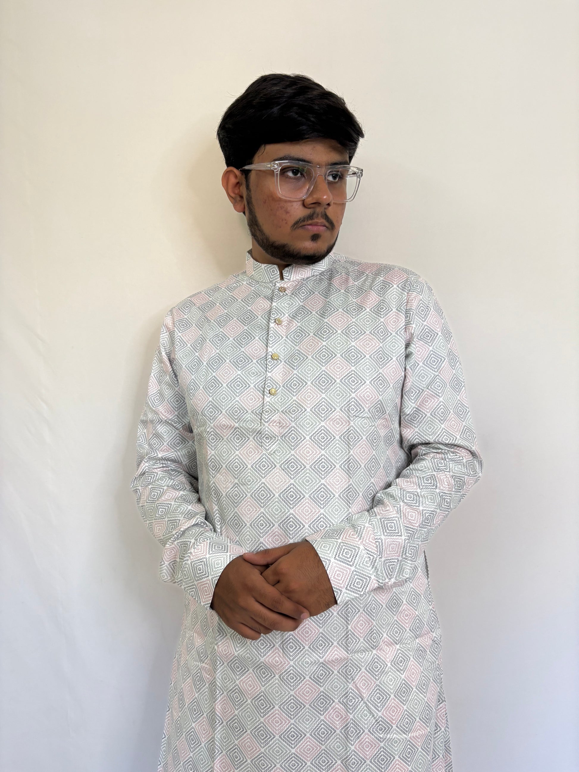 Pastel geometric diamond print kurta for men in ivory – subtle ethnic daywear
