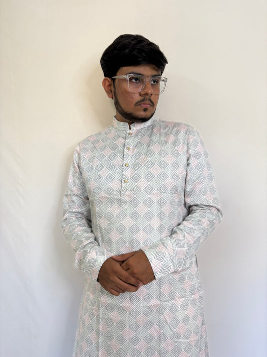 Pastel geometric diamond print kurta for men in ivory – subtle ethnic daywear