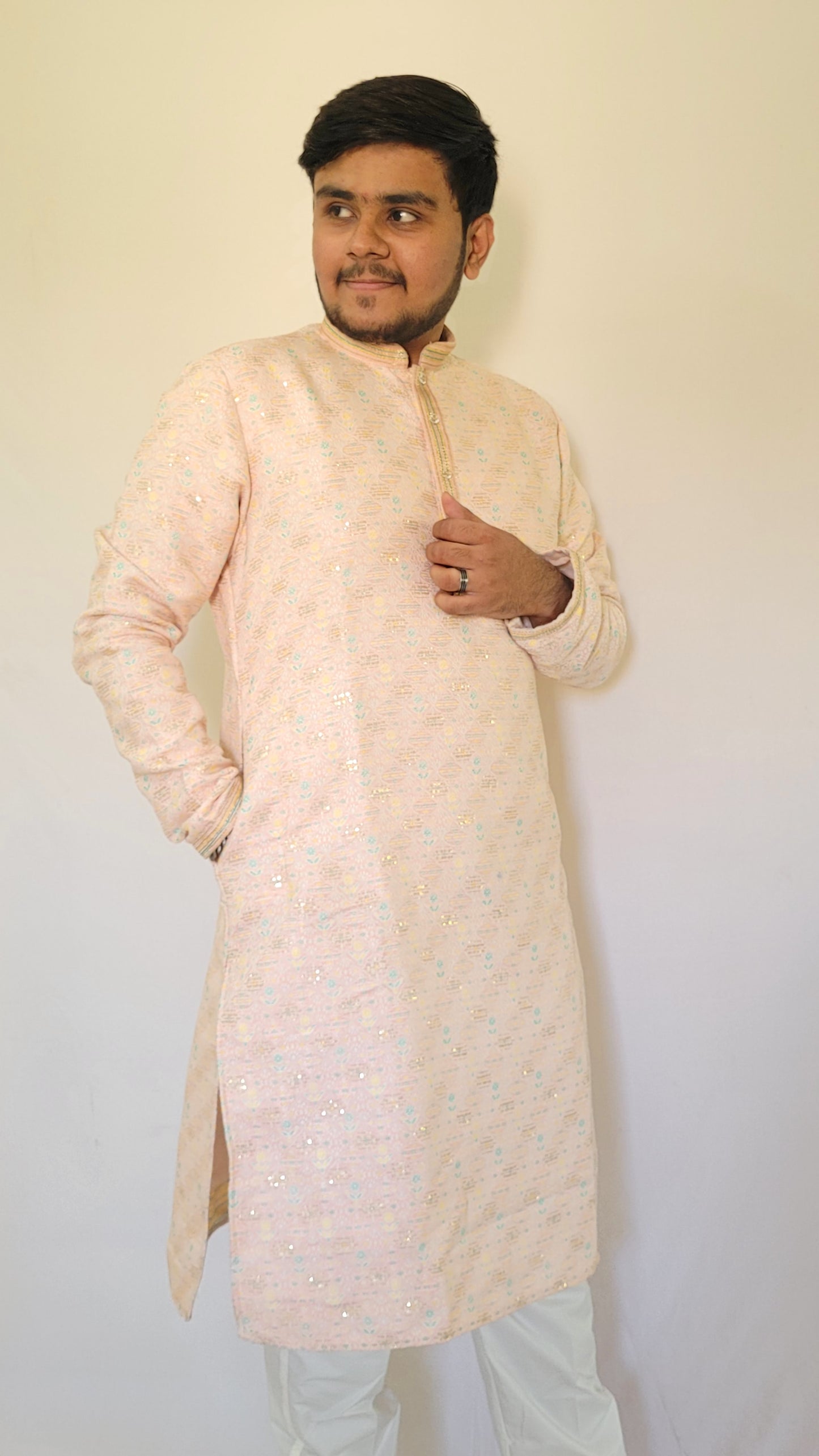 Full body right profile of pastel jacquard kurta – light pink ethnic menswear with shimmer and side zip detail