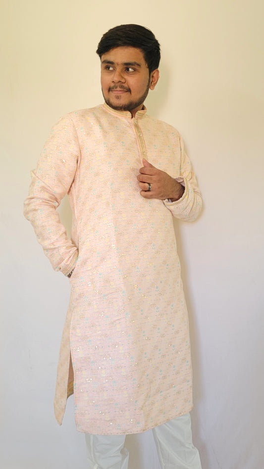 Full body right profile of pastel jacquard kurta – light pink ethnic menswear with shimmer and side zip detail