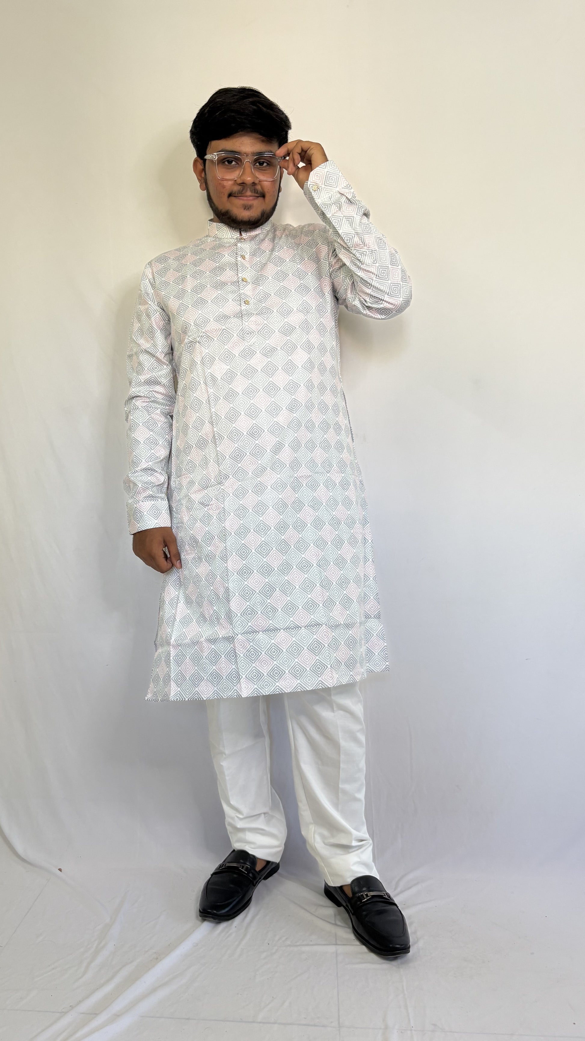 Front Side of men’s pastel ivory kurta with digital geometric pattern – breathable ethnic fabric