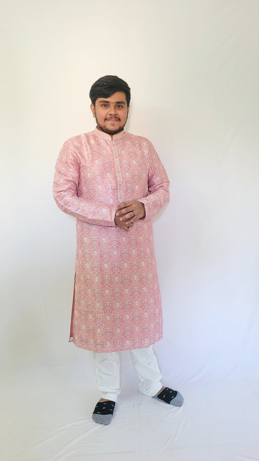 Front full-body view of pastel pink jacquard kurta – men’s ethnic wear with intricate digital print and mandarin collar