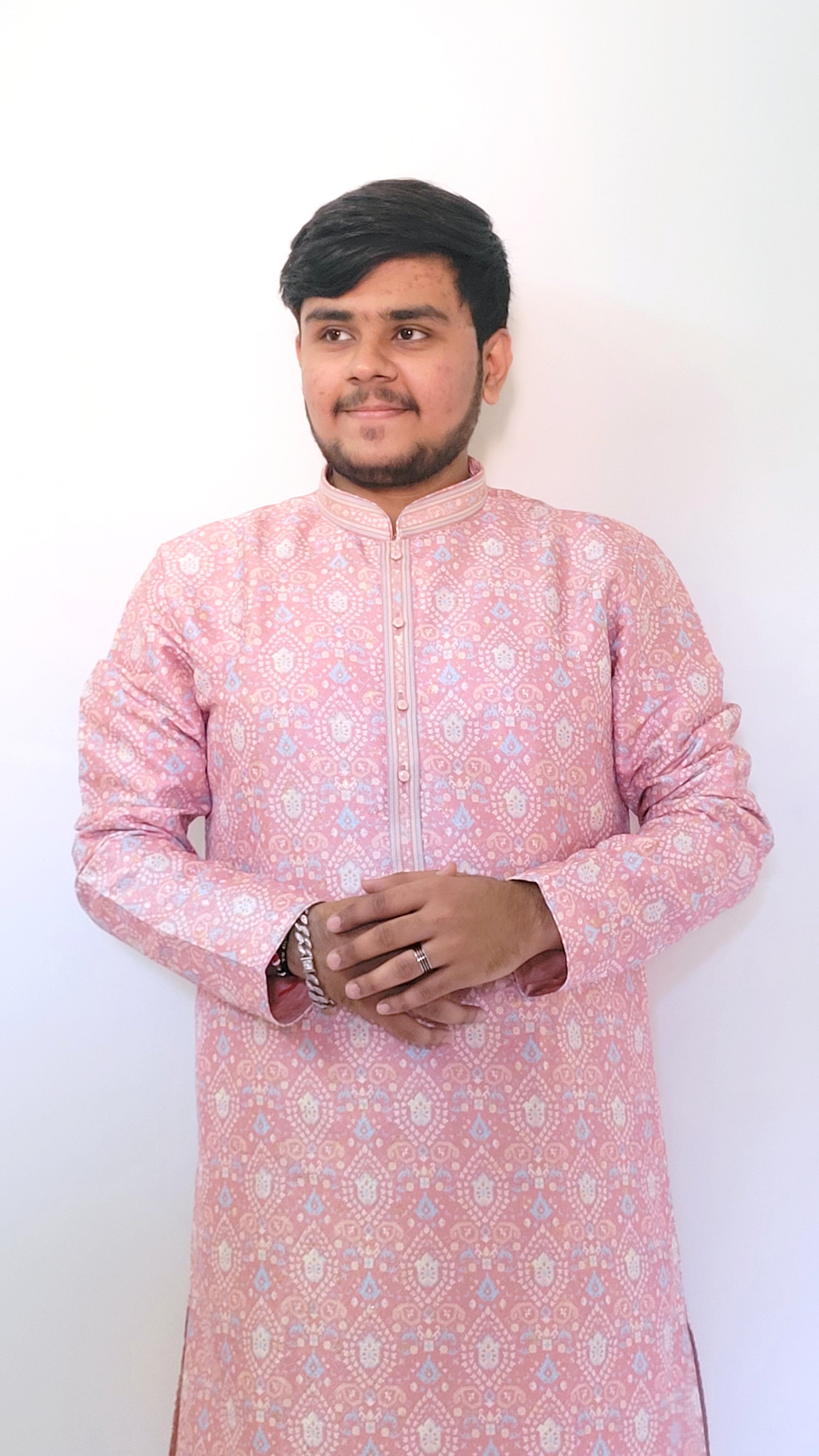 Half-body left angle of pink jacquard kurta – soft pastel ethnic design with digital motifs for festive celebrations