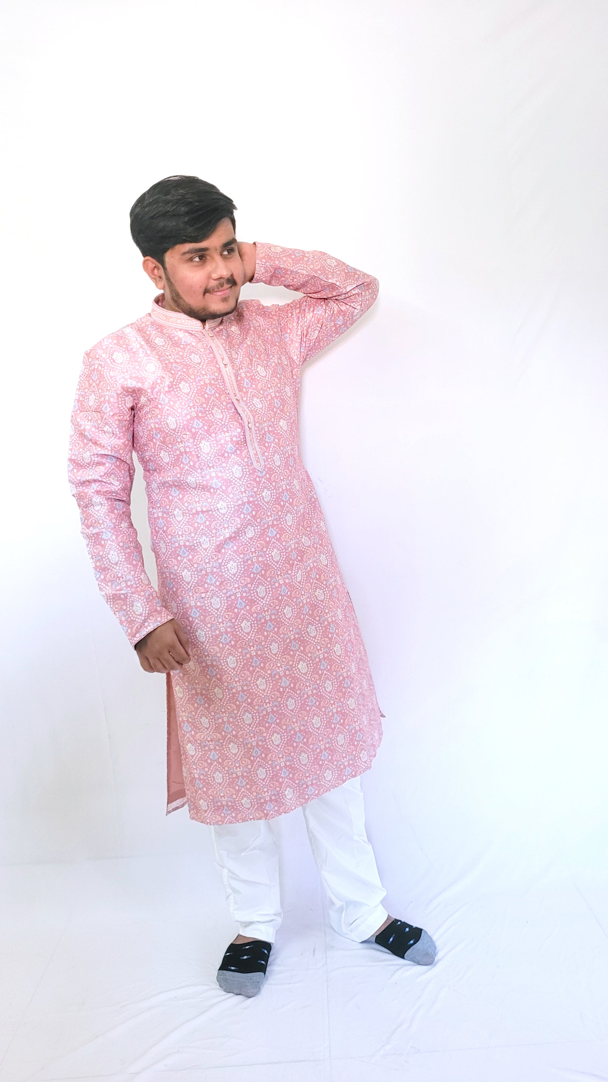 Full-body right profile of men’s pastel pink jacquard kurta – traditional ethnic outfit with subtle shine for weddings