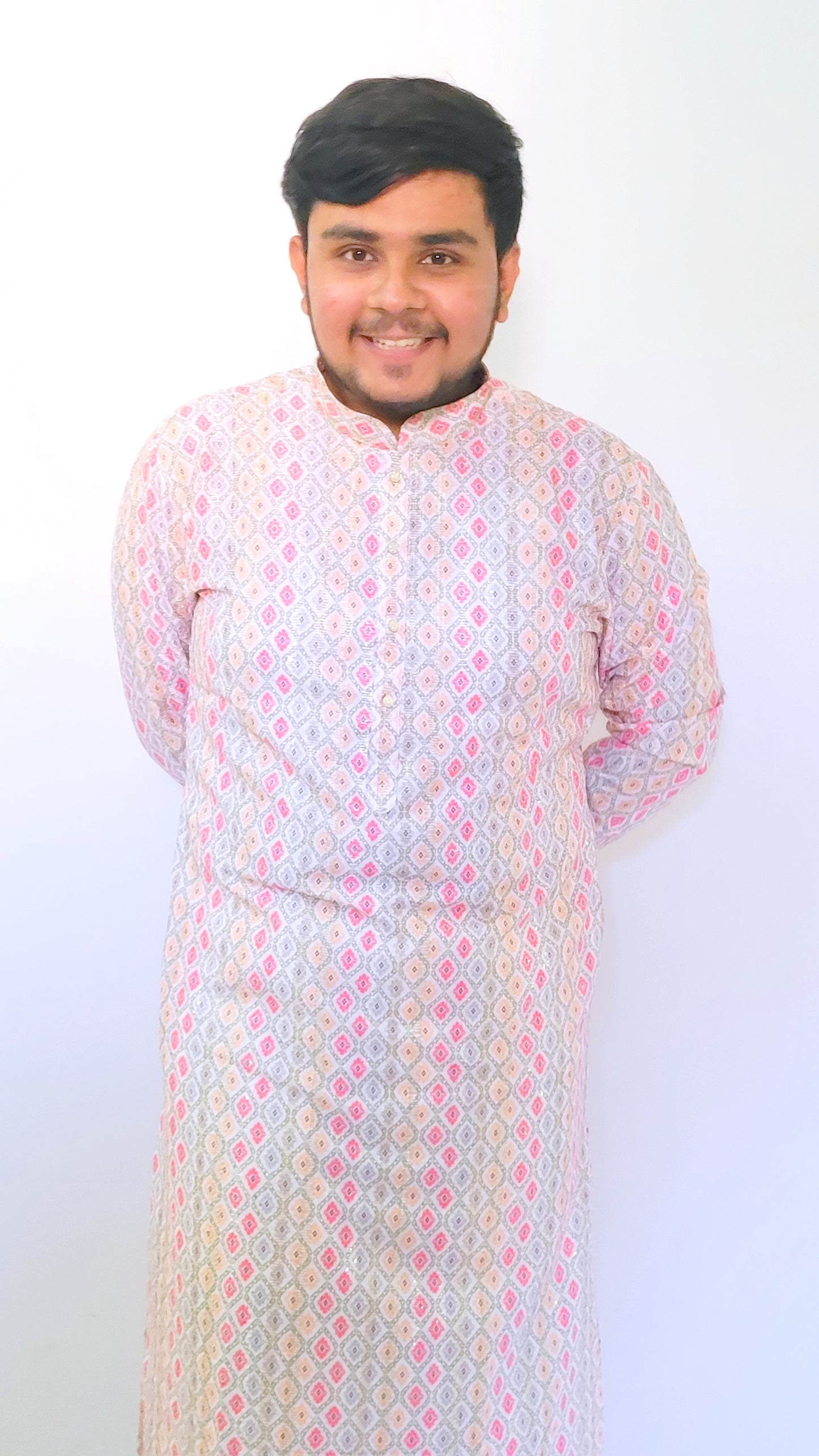 Front view of pastel diamond print rayon kurta – soft pink and beige ethnic wear for weddings and Diwali