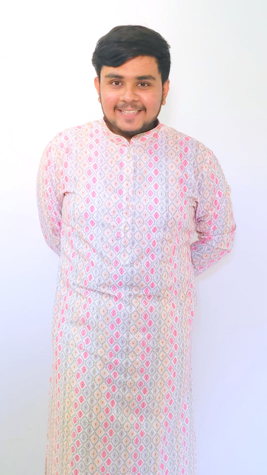 Front view of pastel diamond print rayon kurta – soft pink and beige ethnic wear for weddings and Diwali