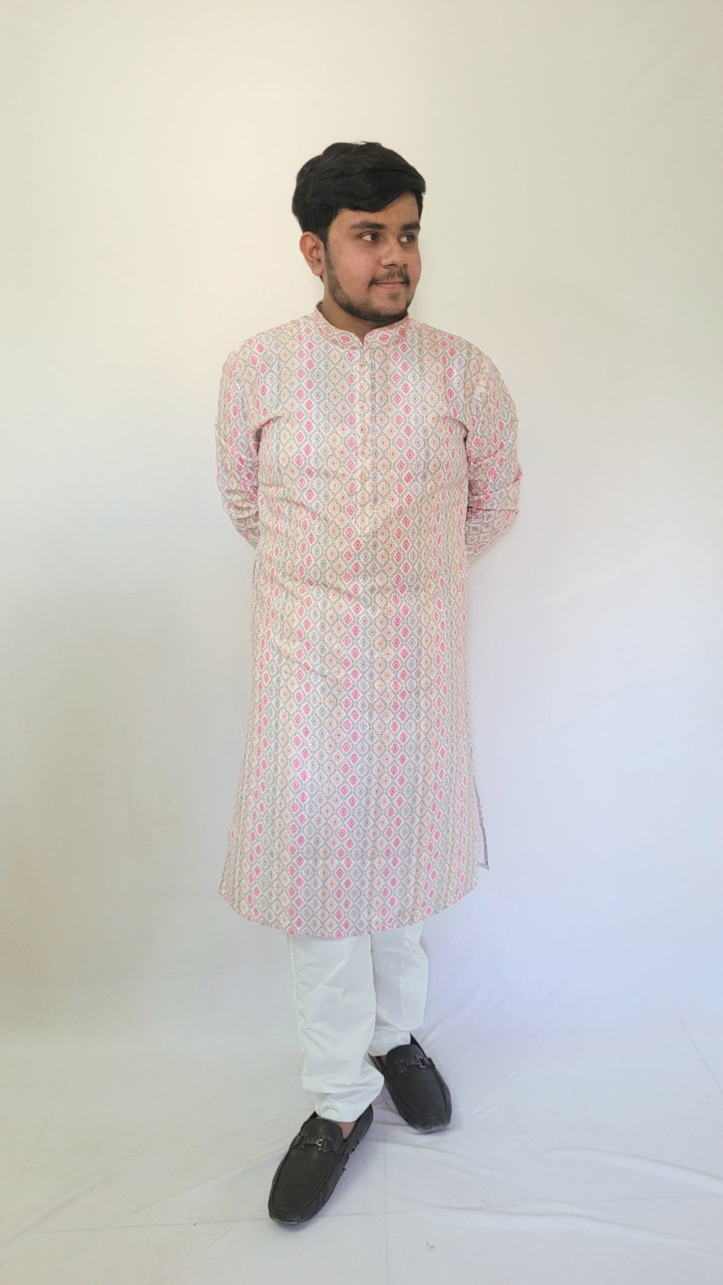 Left side full-body view of pastel digital print kurta – soft rayon ethnic outfit with geometric patterns