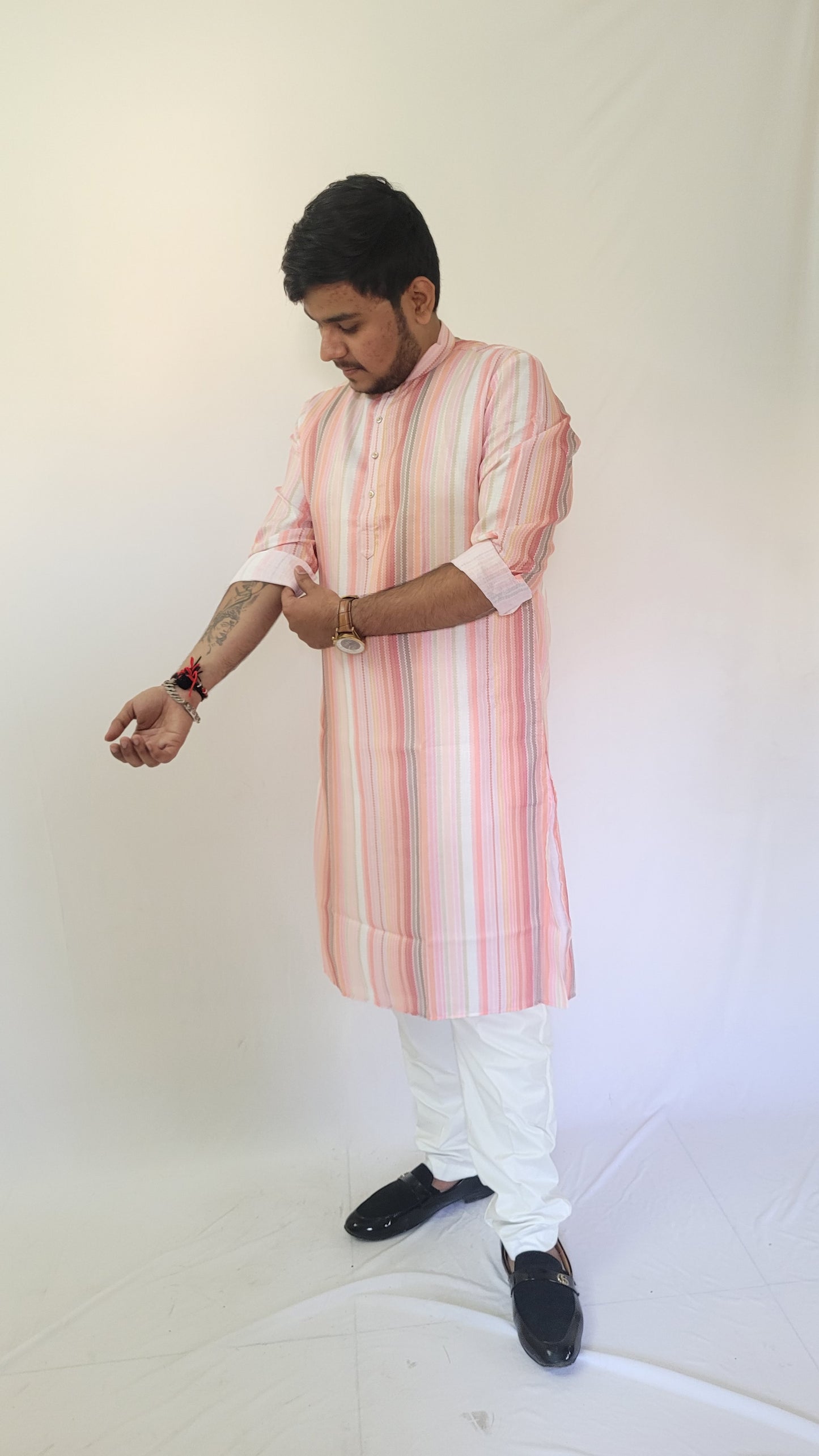 Full right profile of pastel striped cotton kurta – tailored summer ethnic wear for men