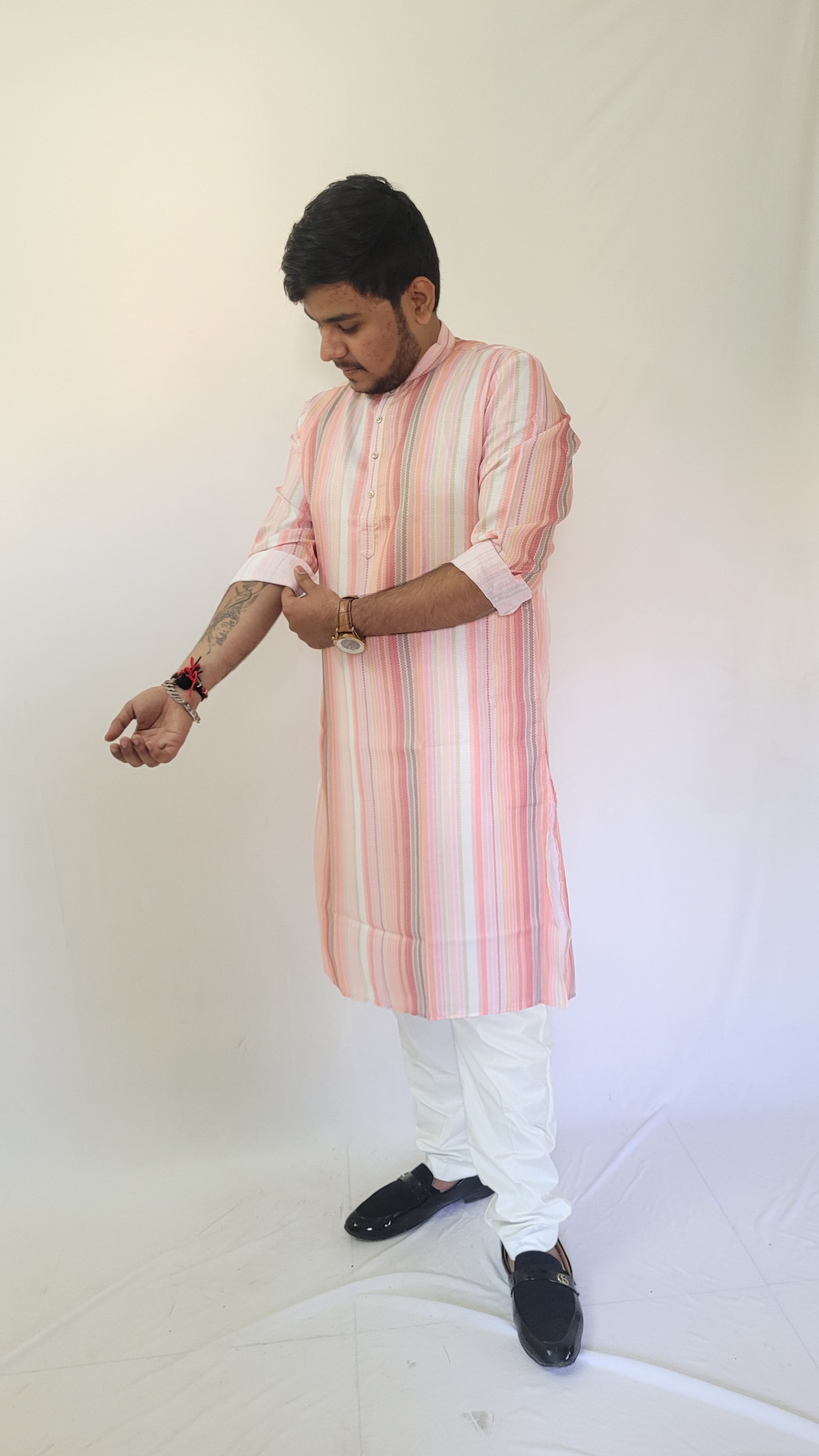 Full right profile of pastel striped cotton kurta – tailored summer ethnic wear for men