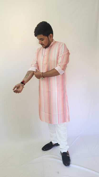 Full right profile of pastel striped cotton kurta – tailored summer ethnic wear for men