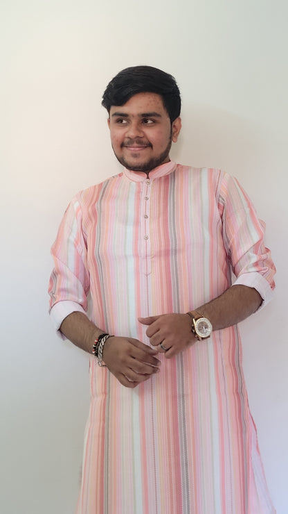Half-body standing view of pastel striped cotton kurta for men – summer-ready ethnic outfit