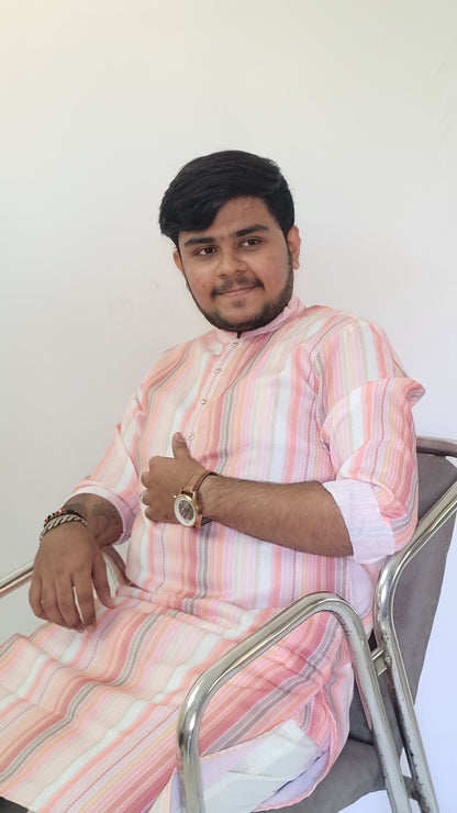 Front seated view of men’s pastel stripe cotton kurta – light ethnic outfit for casual poojas and brunch