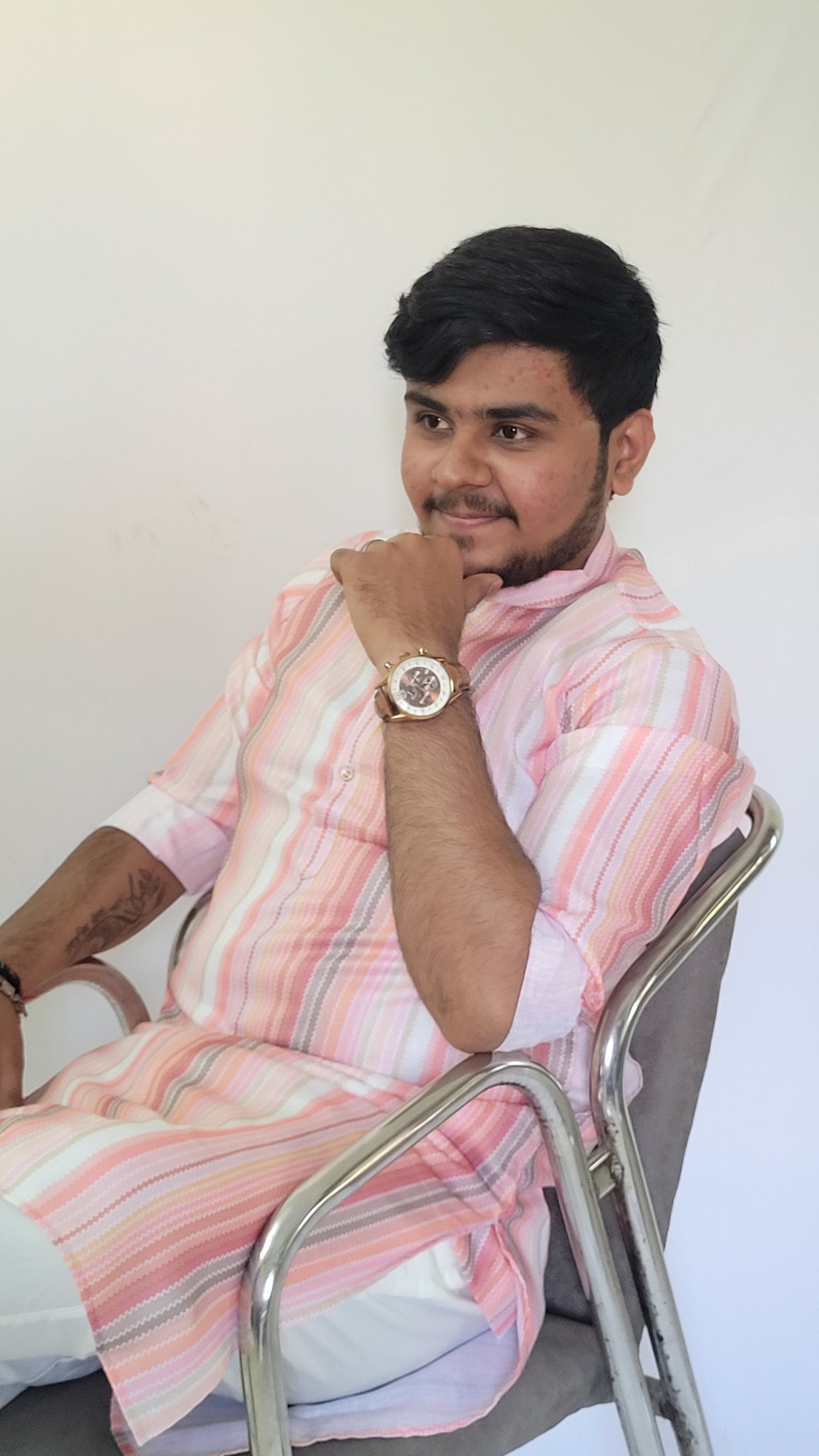 Right side view of men’s pastel stripe kurta – soft cotton ethnic wear with modern color palette