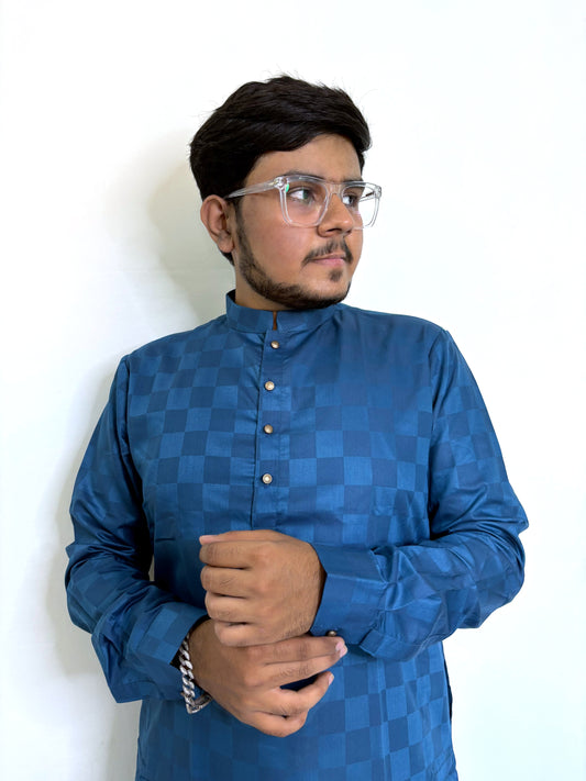 Royal blue self-check cotton kurta for men – classic festive and family wear