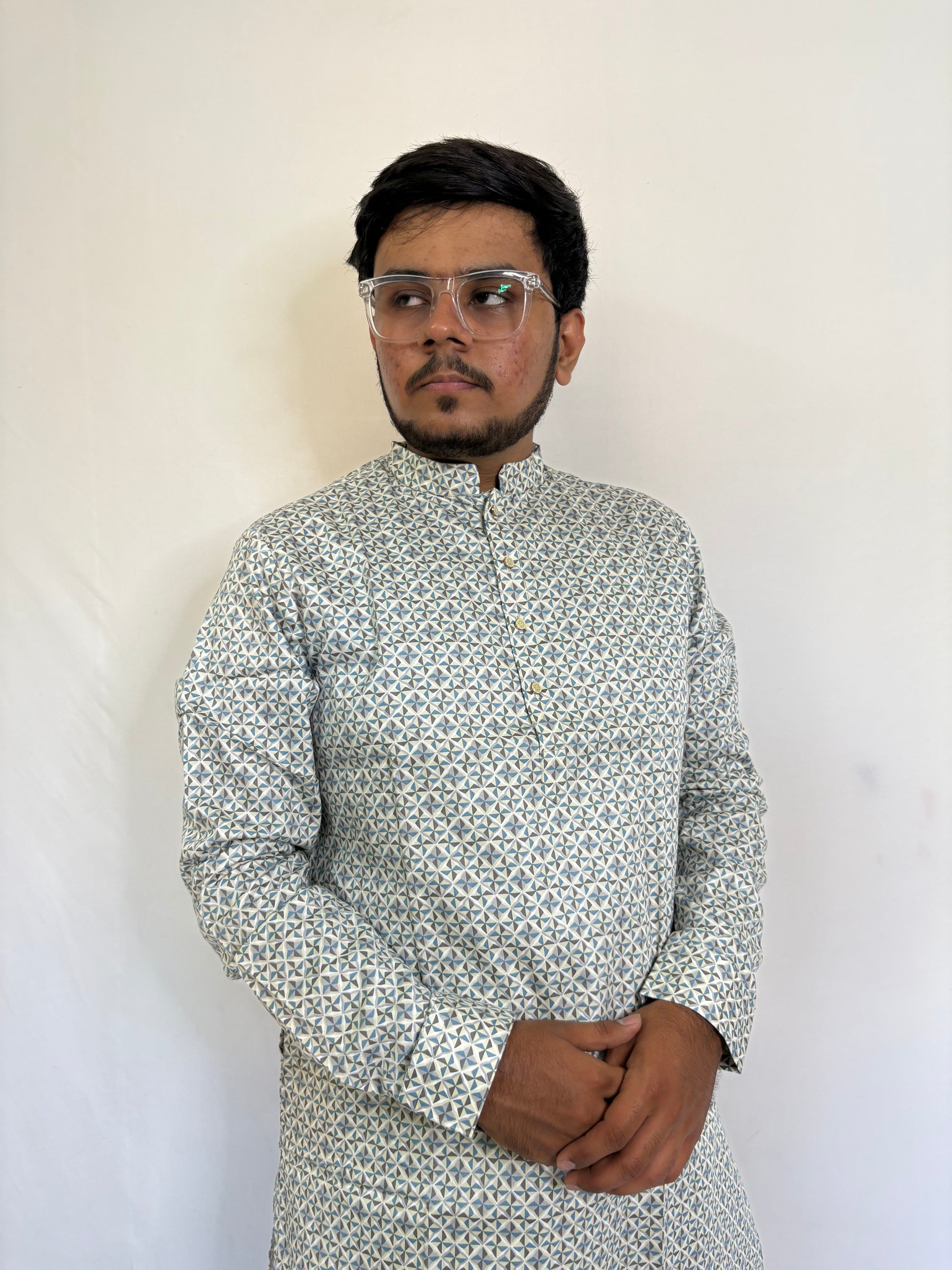 Sea green triangle print kurta for men in Giza cotton – minimal festive outfit