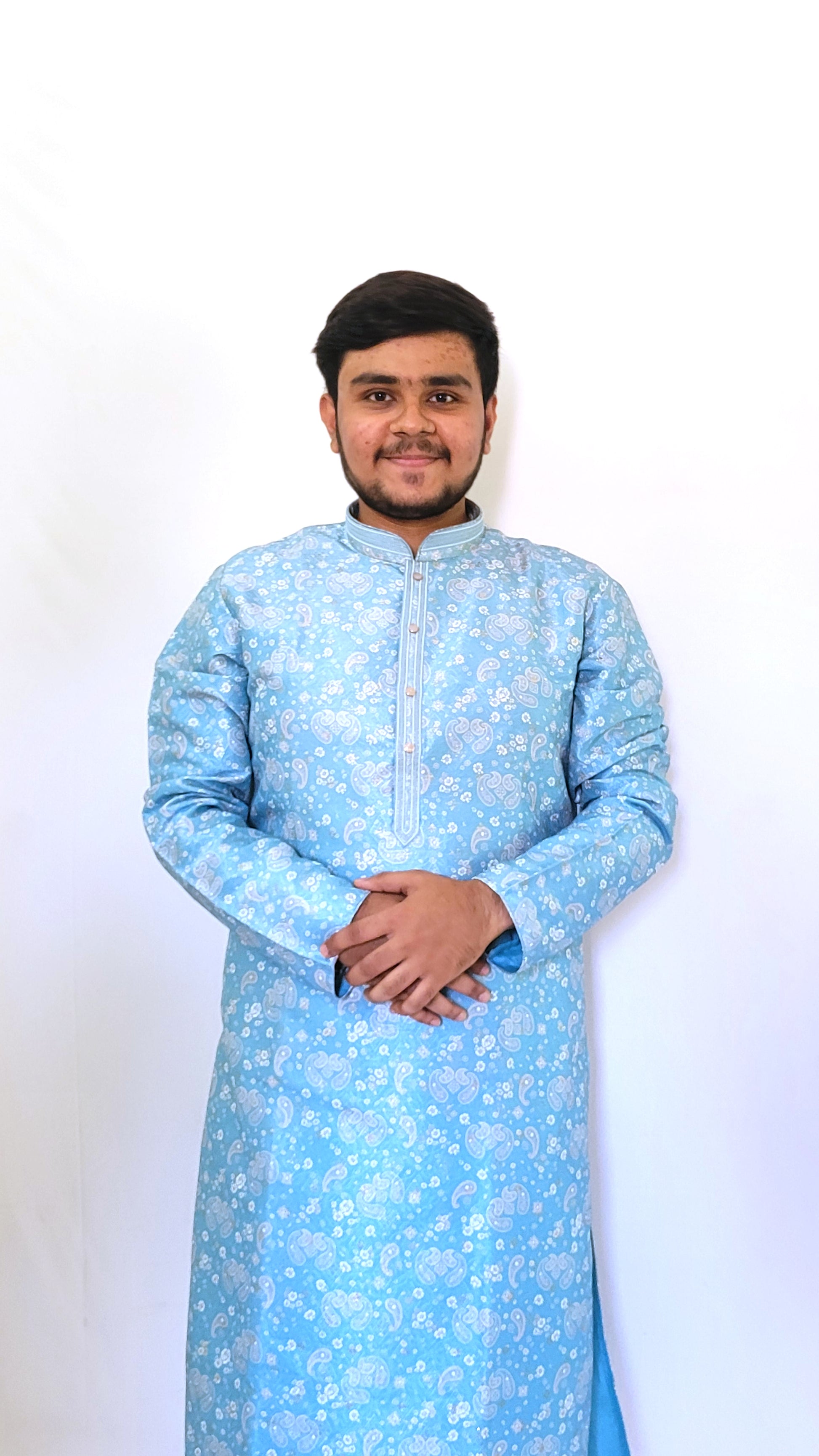 Front view of sky blue jacquard kurta with floral and paisley motifs – soft ethnic wear for daytime functions