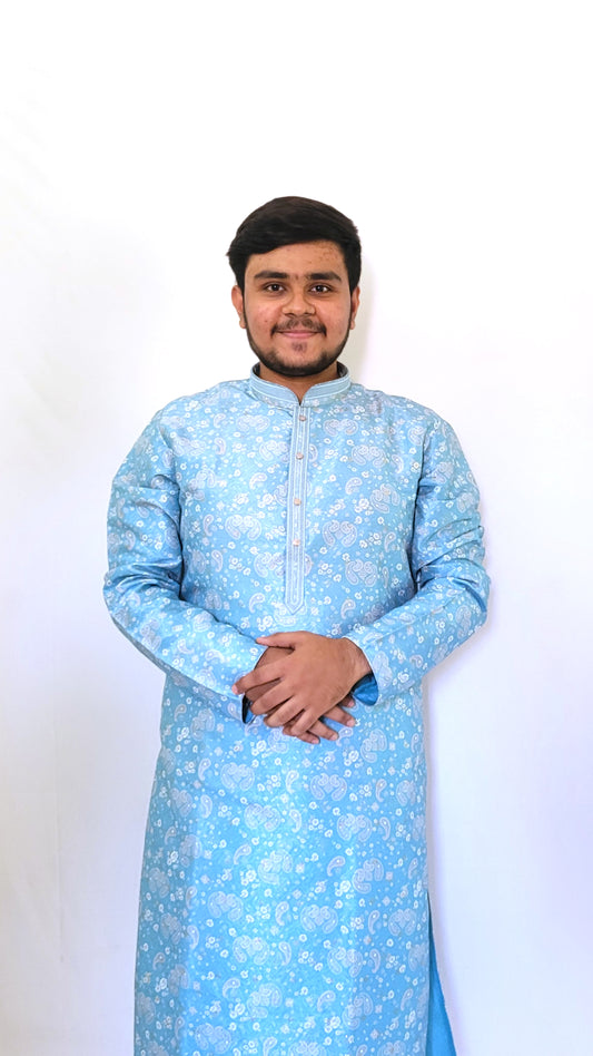 Front view of sky blue jacquard kurta with floral and paisley motifs – soft ethnic wear for daytime functions
