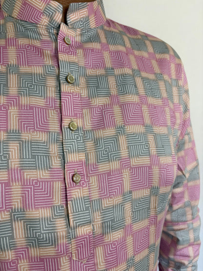 Close-up of spiral digital print on soft Giza cotton kurta – pastel ethnic pattern