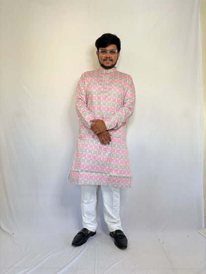 Men styling pastel spiral print kurta for haldi or college function – bold ethnic look