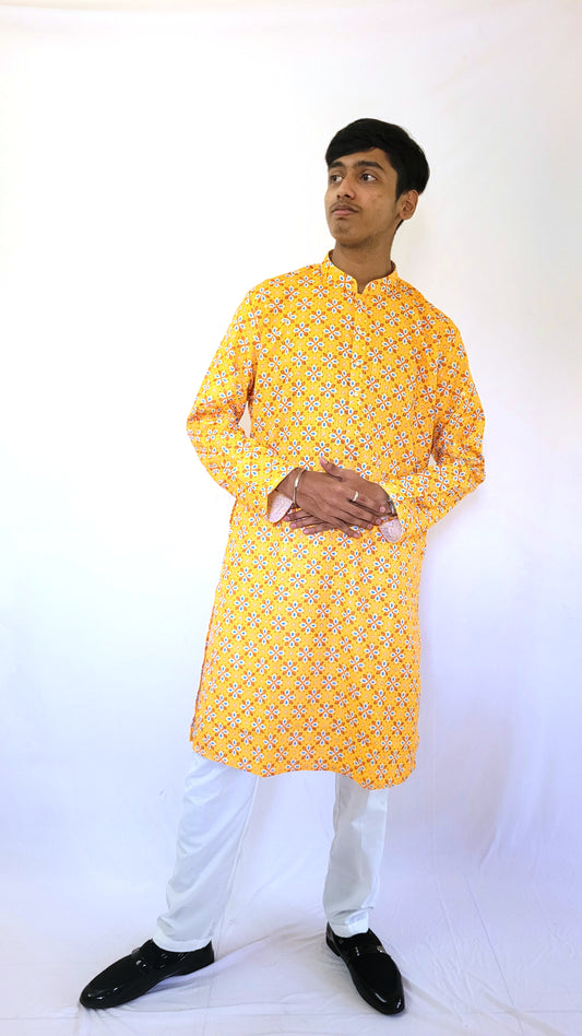 Full body right view of sunshine yellow rayon kurta – floral printed ethnic wear for Haldi and festive mornings