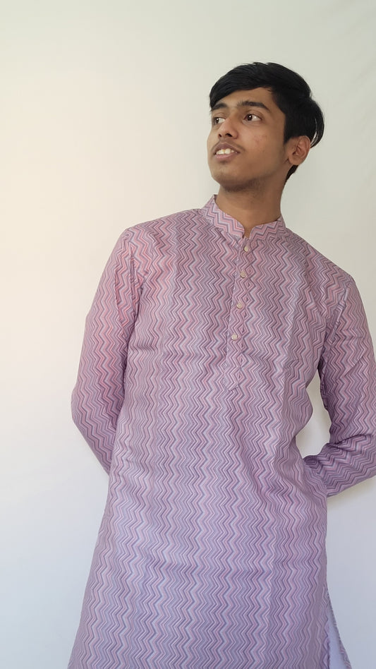 Half-body front view of purple and pink zigzag cotton kurta – modern ethnic outfit for casual events