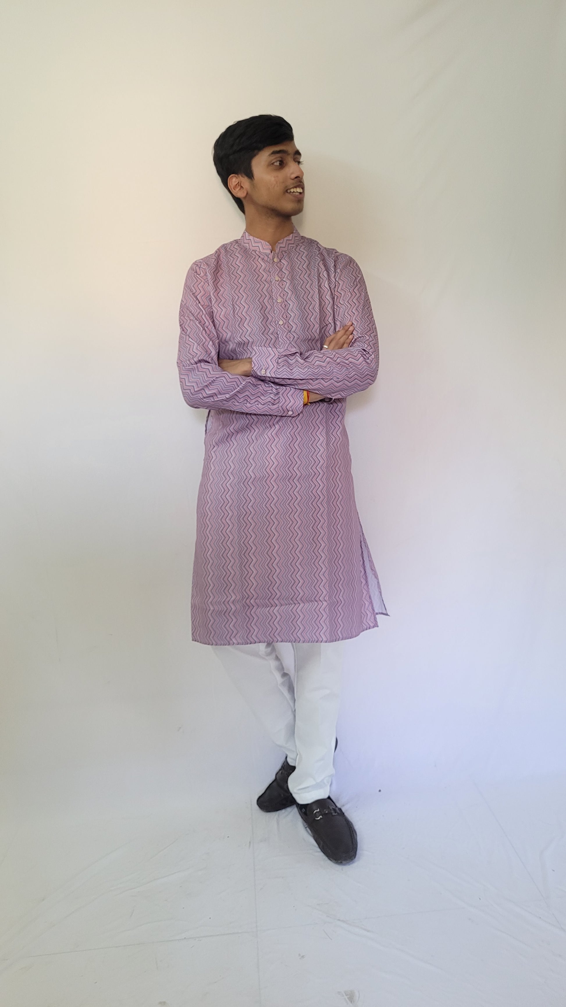 Left side view of men’s zigzag printed kurta in soft cotton – playful ethnic wear for daily use